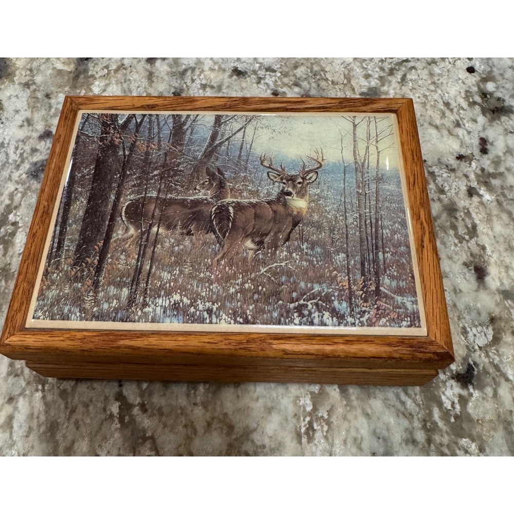 Hadley House Oak Wood Keepsake Box Whitetail Deer Wildlife  USA Made